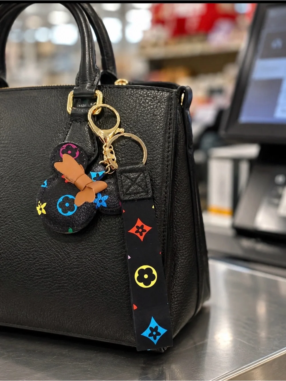 Mouse Wristlet Keychain PU Leather Bag Charm Black Multicolor Brown Bow NIP